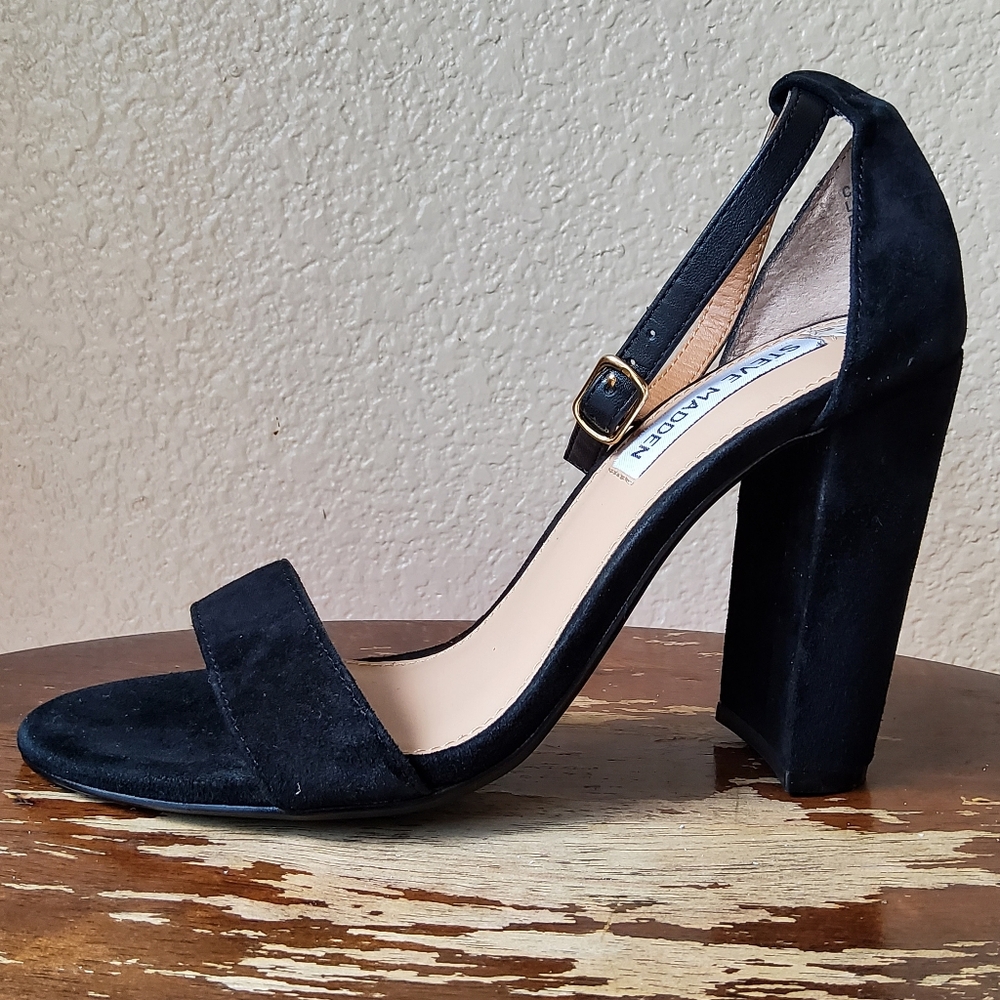 Steve Madden Carrson Block Heel Suede Leather Sandals Size 6.5 Black NWOT